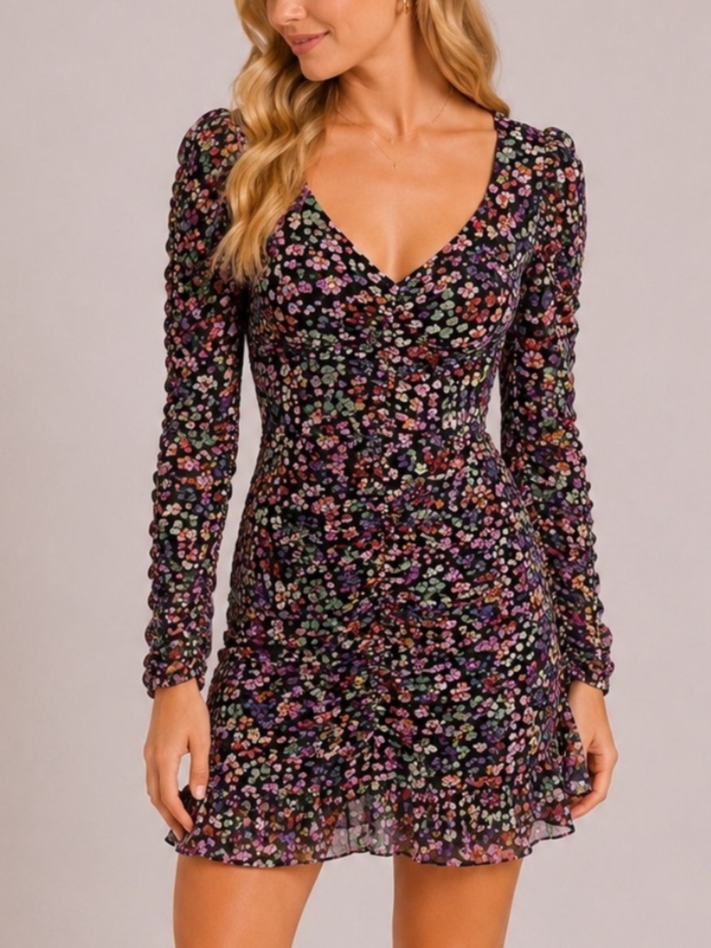 Zara Floral Ruched Mini Dress XS Long Sleeve V-Neck Black Purple 25776